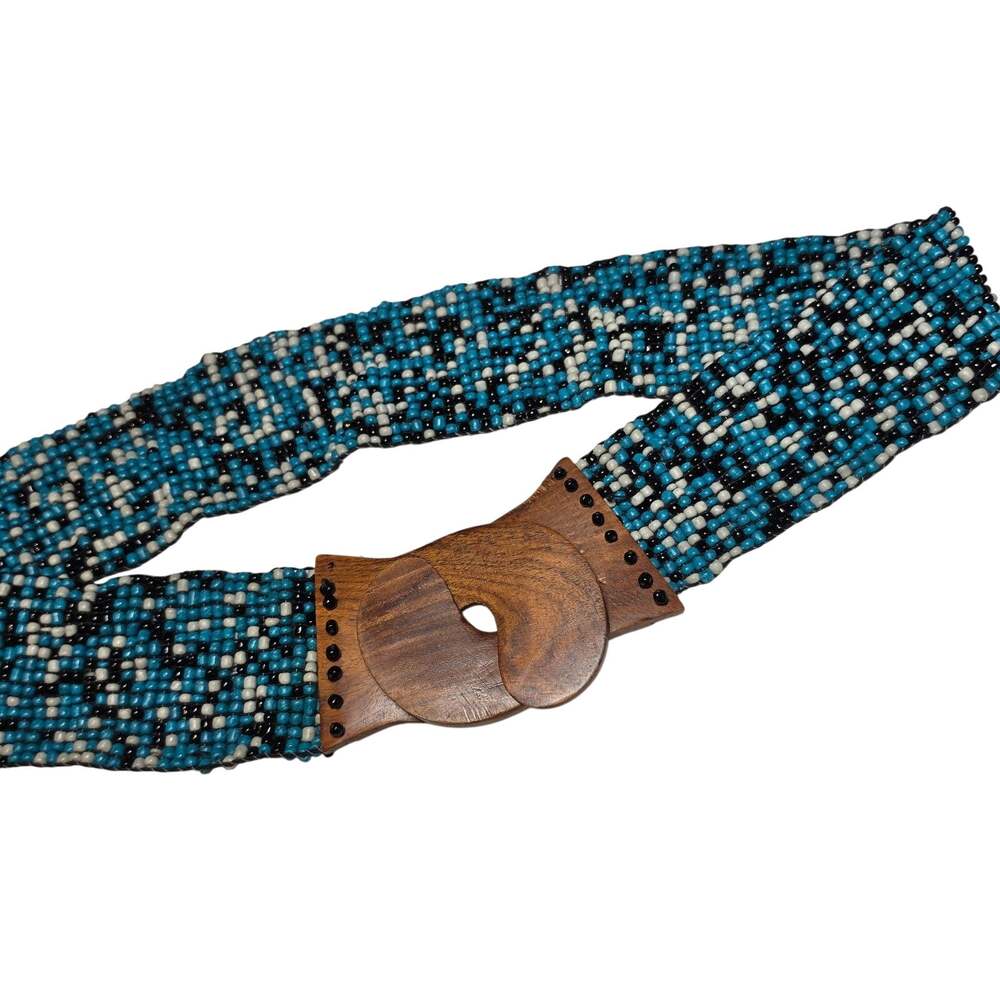 Blue Beaded Belt Womens One Size Wood Buckle Wide Boho Waist 34-35 Geometric VTG
